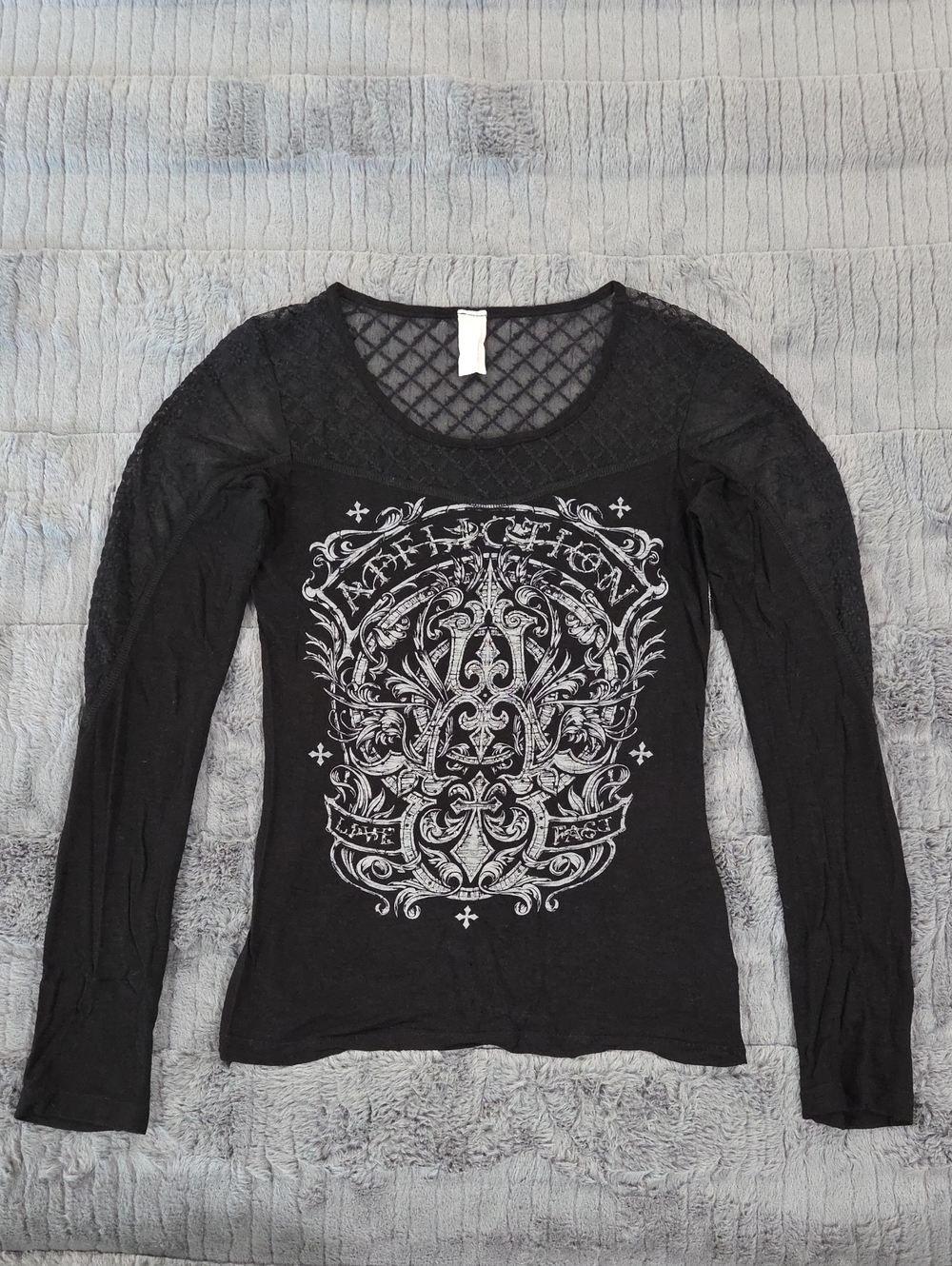 Affliction Black "Blingy" Long-Sleeve Lace Yoke Graphic Tee - Women